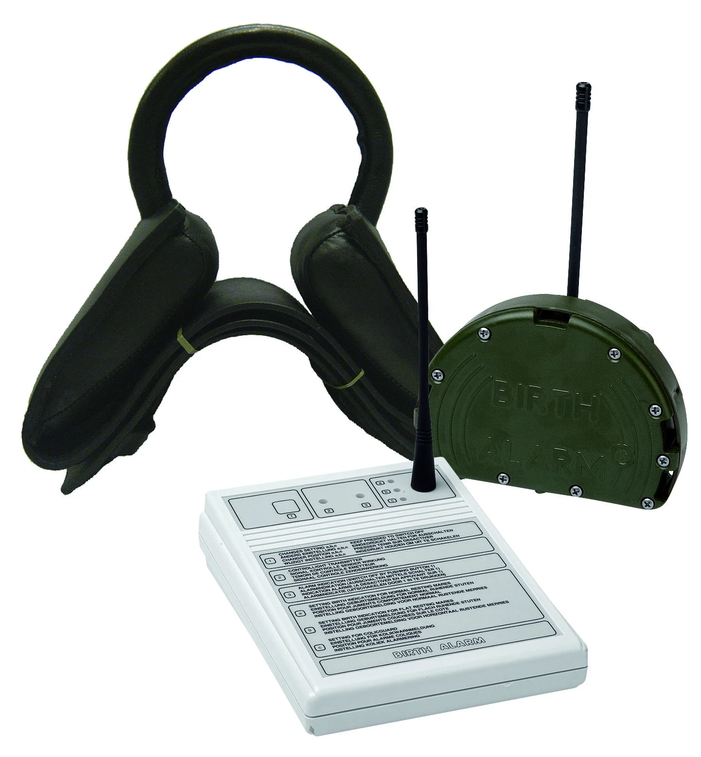 Birth Alarm Classic Complete met anti-rol singel bevestigd op drachtige merrie voor monitoring tijdens de veulengeboorte